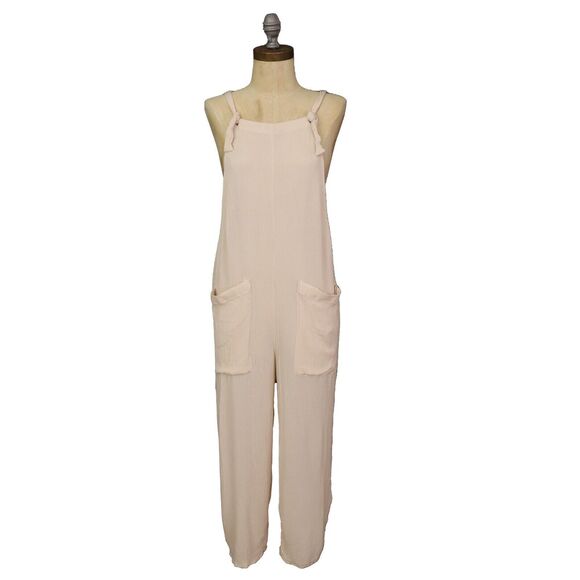 HI RES Juniors Semi-Sheer Gauze Overalls L Crop Straight Leg Beige Airy NEW B23 - Picture 1 of 5